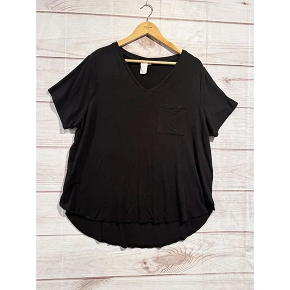 Ady P Size 1X‎ Women's Black Short Sleeve T-shirt With Front Pocket Shirttail - Picture 2 of 6